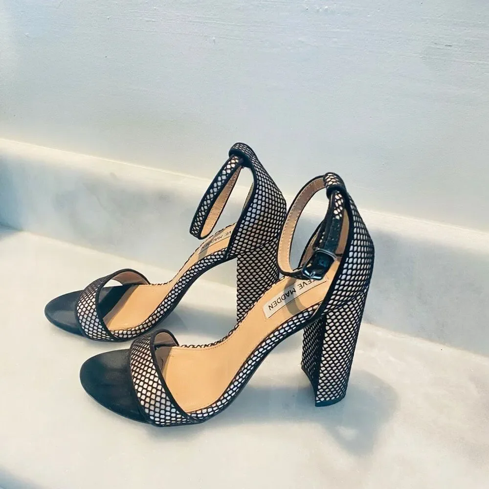 Steve Madden Ankle Strap Open Toe Mesh Block Heel Carrson Sandals Black Size 7.5